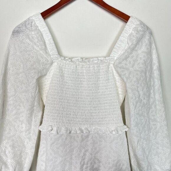 Veronica Beard Revolve Denise Smocked Long Sleeve Eyelet Mini Dress Off White 4 - Picture 5 of 14